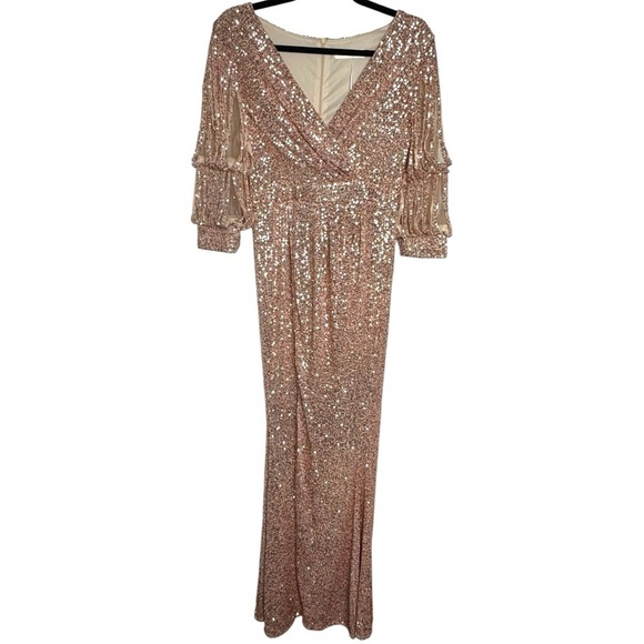 Kalinnu Dresses & Skirts - Rose Gold Sequin Maxi Dress with V-Neck and Sheer Tiered Sleeves